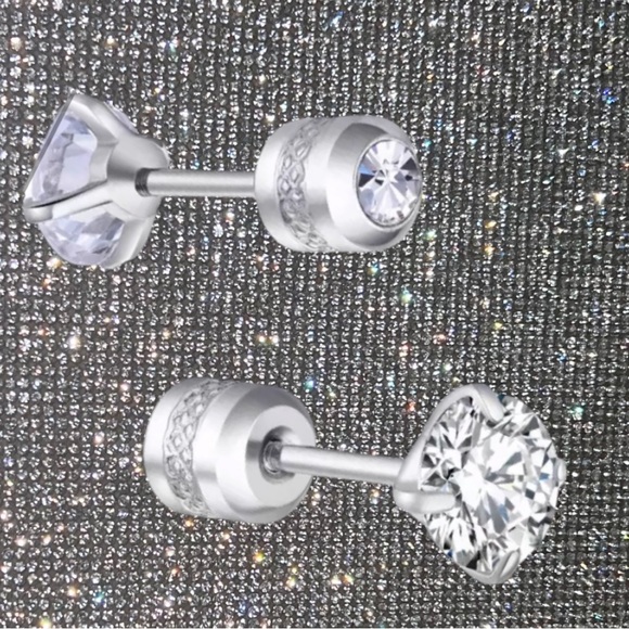 Diamond stud screw on earrings 6mm Hypoallergenic Cubic Zirconia Stainless steel - Picture 5 of 11